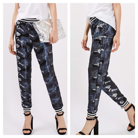 Topshop Pants - NWT Topshop Sequin Camo Joggers Navy Silver 4 Topshop Pants - NWT Topshop Sequin Camo Joggers Navy Silver 4
